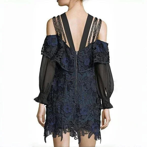 NWT Self Portrait Navy 3D Cold Shoulder Floral Guipure LACE Mini Dress Sz 8 - Picture 3 of 14